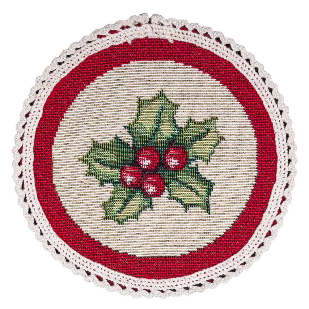 Серветка-підкладка кругла новорічна гобеленова "Дзвоники і віночок" (без люрекса)