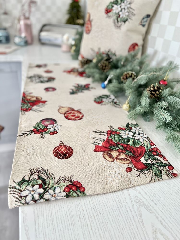 Новорічна гобеленова доріжка на стіл «Різдвяні прикраси» (Срібний люрекс), 37x100