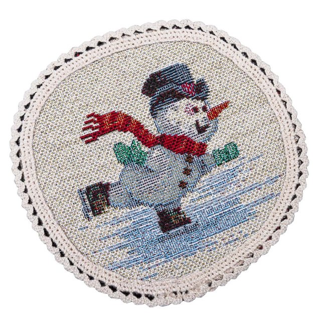 Серветка-підкладка кругла новорічна гобеленова "Сніговики-витівники" (срібний люрекс)