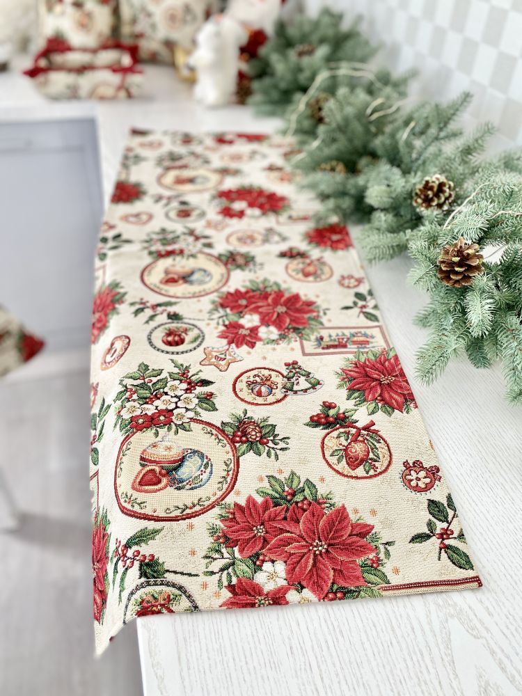 Новорічна гобеленова доріжка на стіл «Merry Christmas» (Золотий люрекс), 37x100