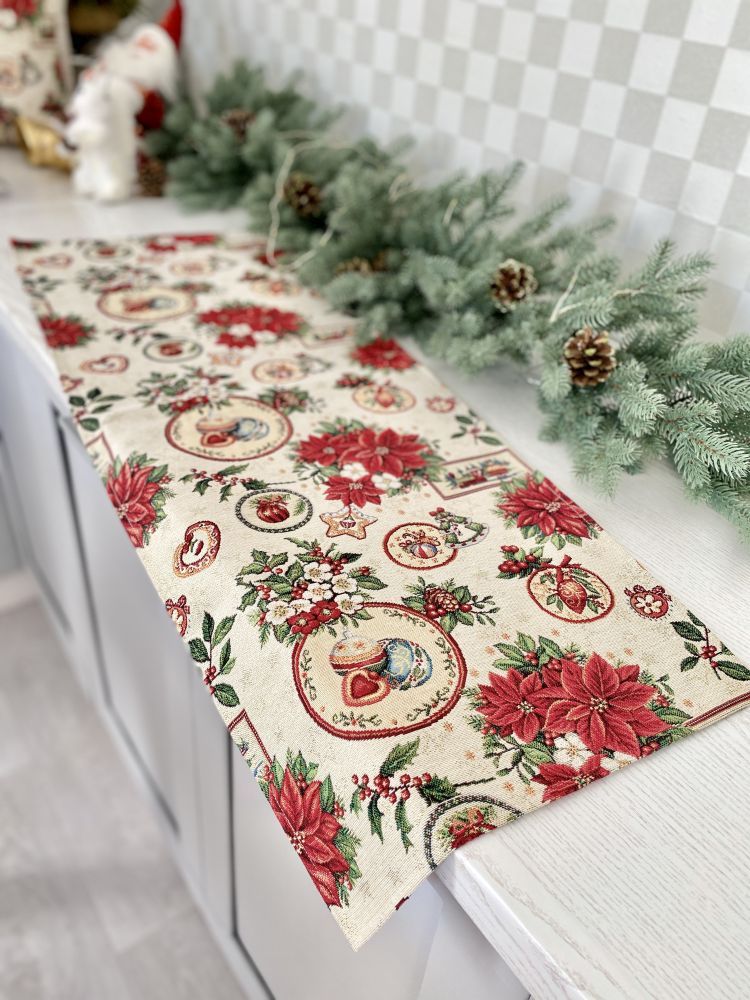 Новорічна гобеленова доріжка на стіл «Merry Christmas» (Золотий люрекс), 37x100