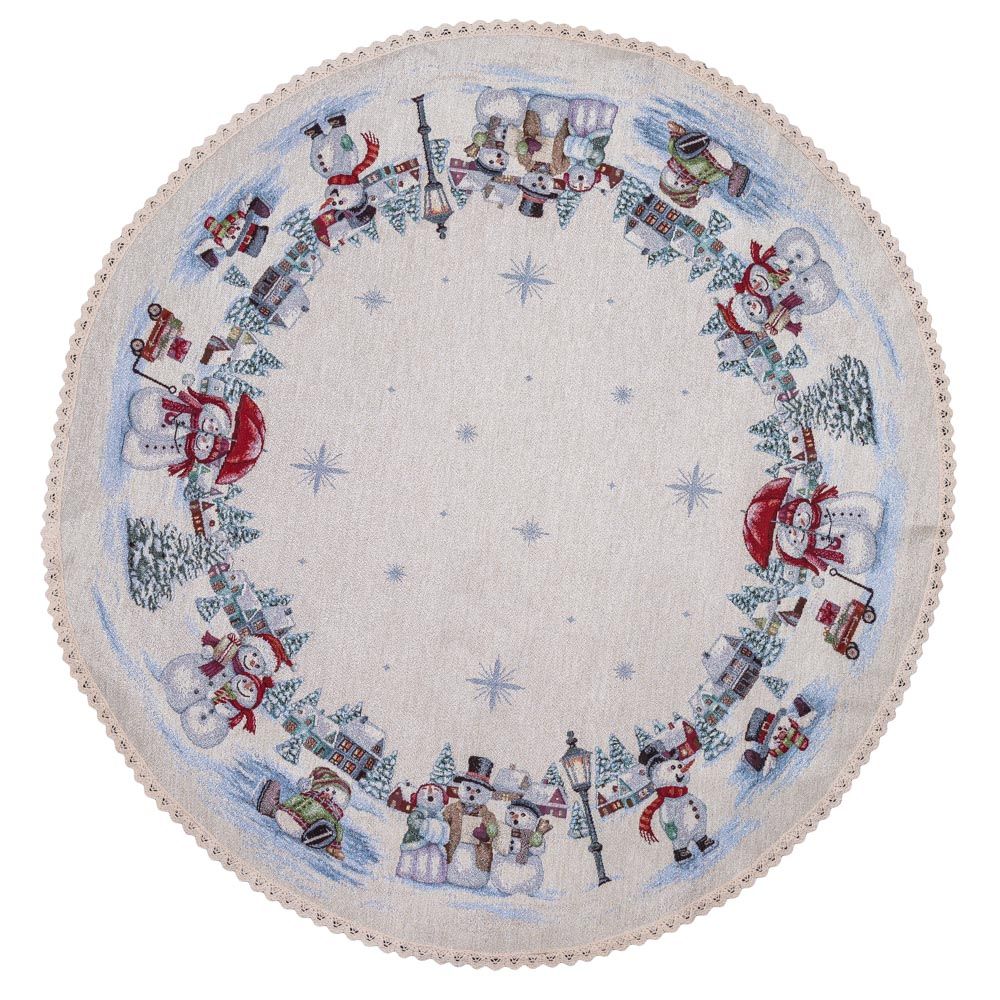 Скатертина новорічна гобеленова кругла "Сніговики-витівники" (срібний люрекс)