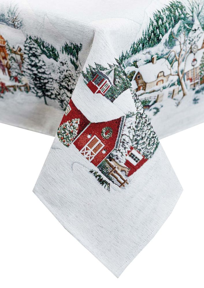 Скатертина новорічна гобеленова з велюром Зимове місто (З люрексом) 135х140см