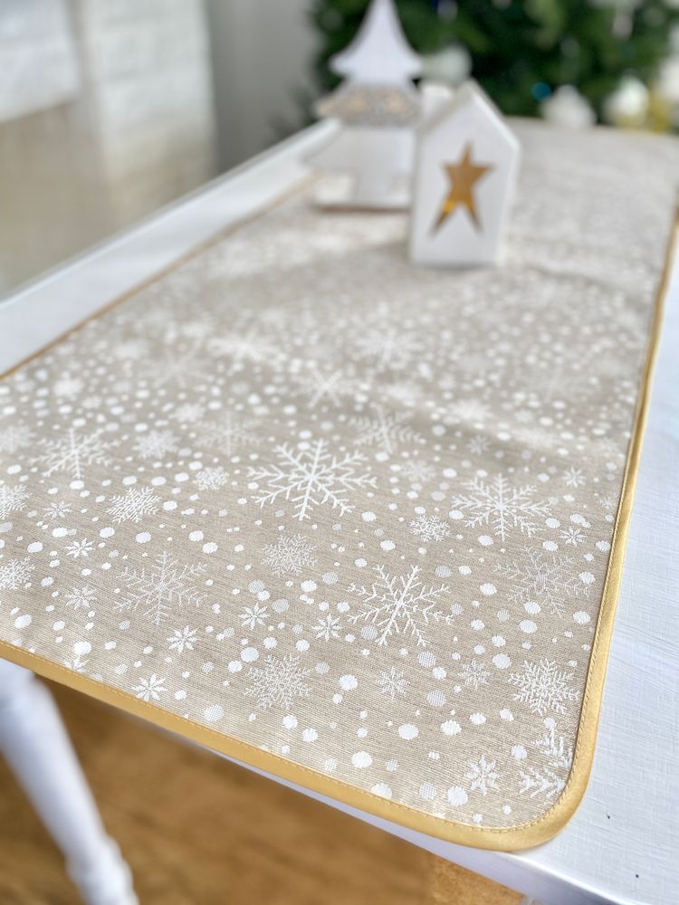 Доріжка на стіл новорічна жакардова двостороння водовідштовхуюча "Золоте сяйво" (з золотою тасьмою по краю)