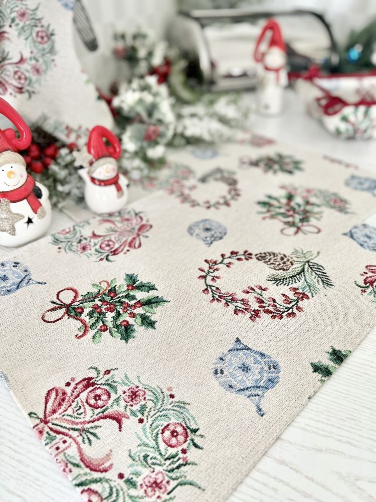 Новорічна серветка-підкладка «Різдвяні віночки» (срібний люрекс), 34x44