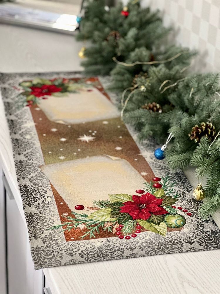 Доріжка на стіл новорічна гобеленова "Святкова листівка" (золотий люрекс)