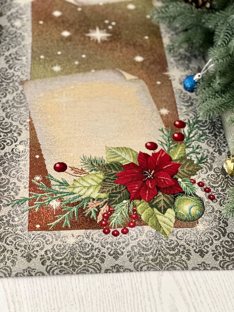 Доріжка на стіл новорічна гобеленова "Святкова листівка" (золотий люрекс)