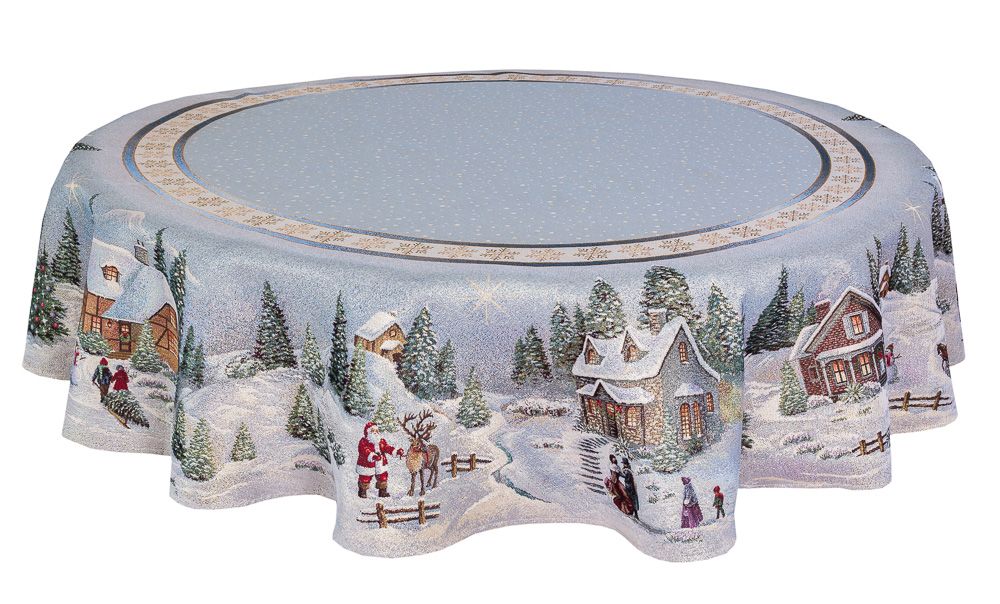 Скатертина новорічна гобеленова кругла "Різдво в Карпатах" (золотий люрекс), Ø160