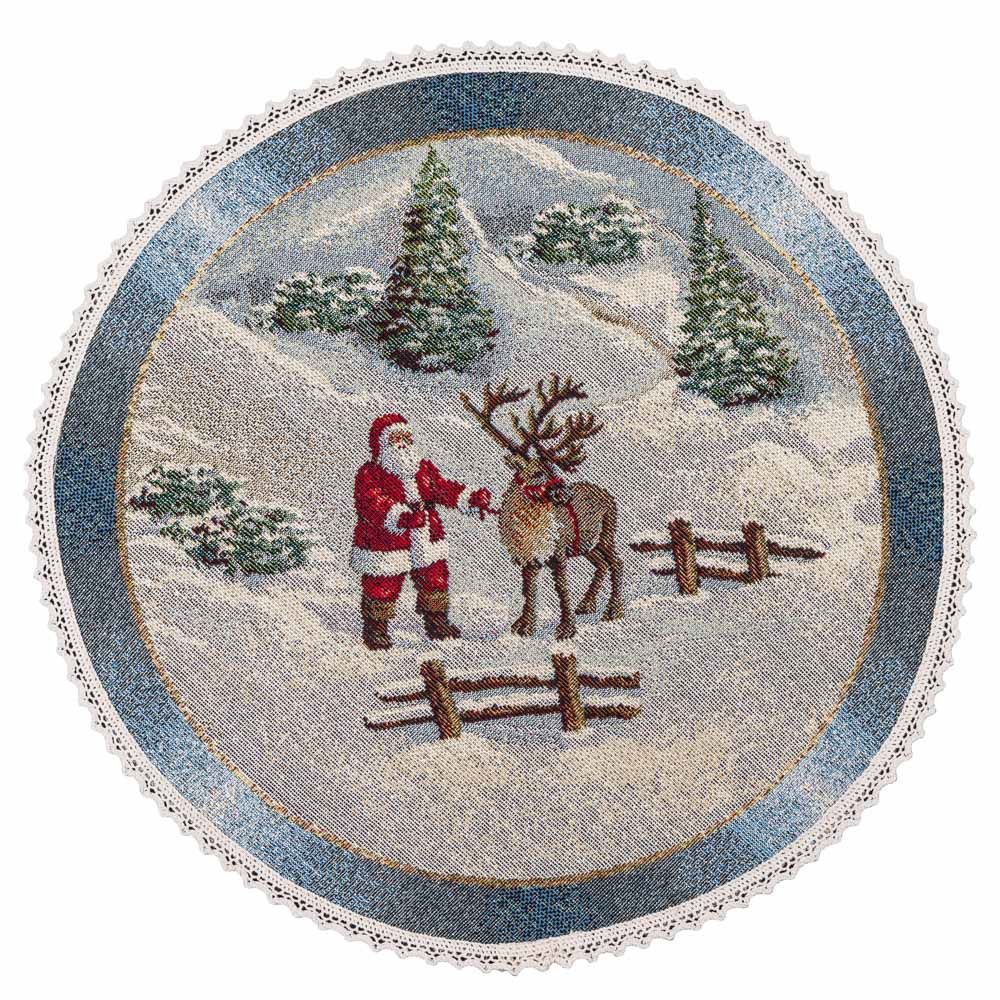 Серветка-підкладка кругла новорічна гобеленова "Різдво в Карпатах" (золотий люрекс)