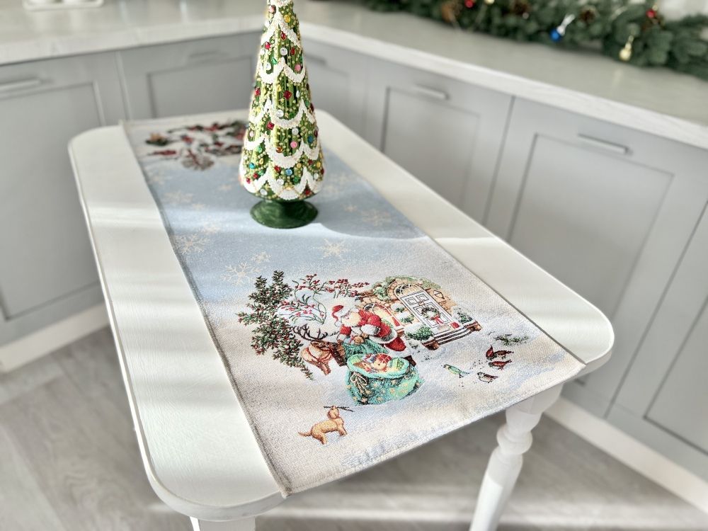 Гобеленова доріжка на стіл «Різдвяні канікули» (Срібний люрекс), 45x140